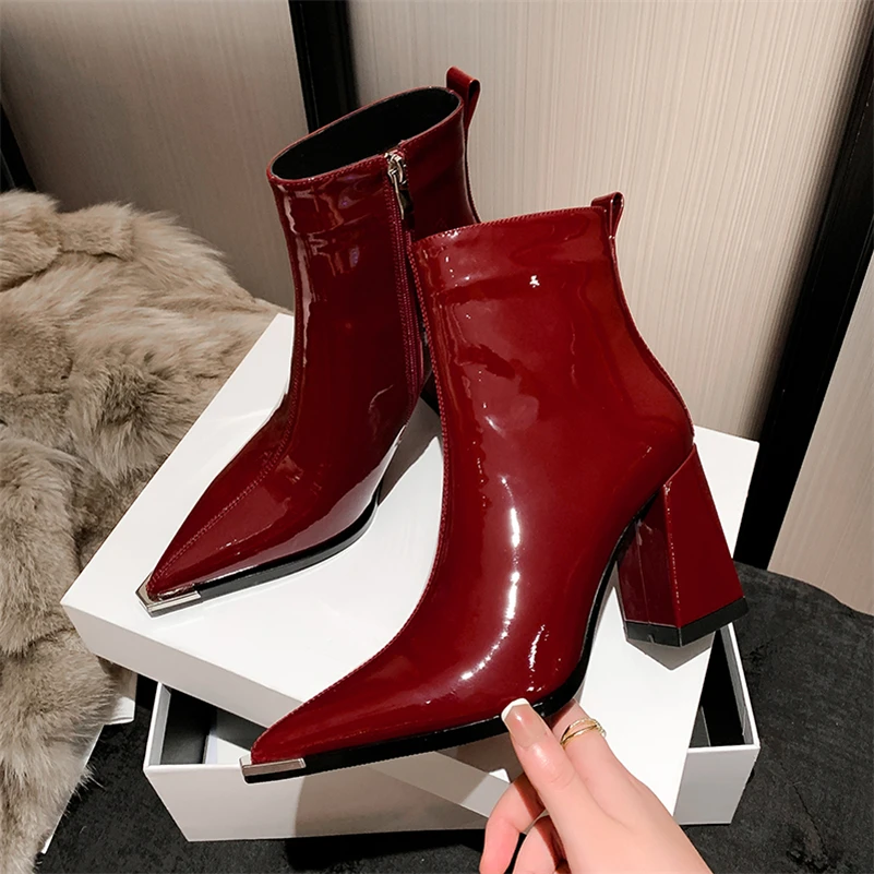 Meotina Women Genuine Leather Ankle Boots Square Toe Chunky High Heel Zipper Ladies Fashion Short Boot Autumn Winter Shoes Black