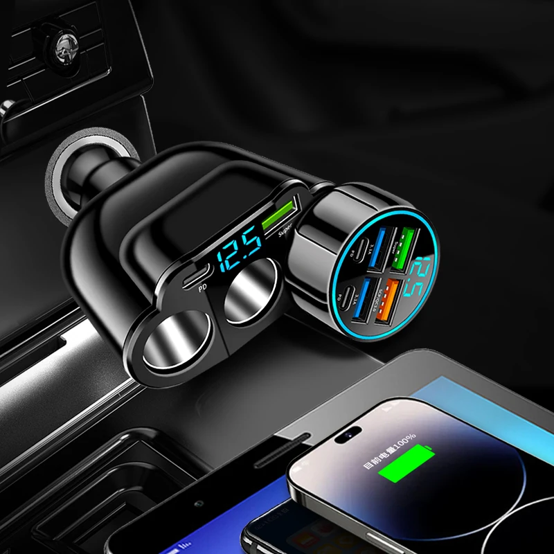 الثلاثي شاحن سيارة فاصل السجائر 66 واط USB PD C منفذ شحن سريع 12 فولت 24 فولت الجهد عرض السيارات المقبس محول الهاتف