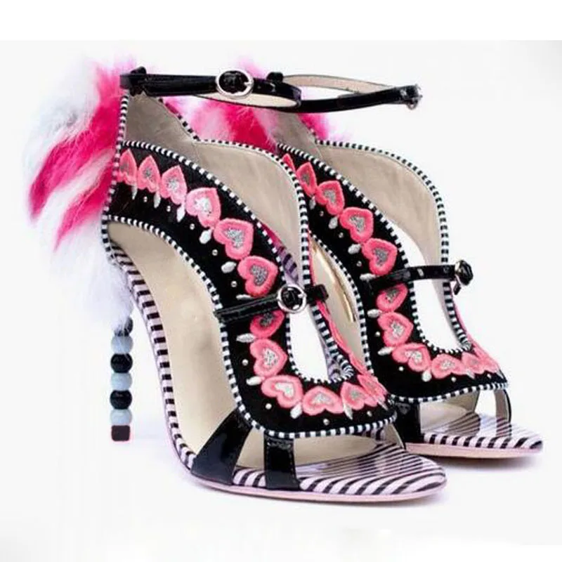 Stylish Real Rabbit fur Beads High Heels Sandals Cut out Colorblock Heart Embrodiery Stripe Printed Peep Toe Multi Sandal Shoes