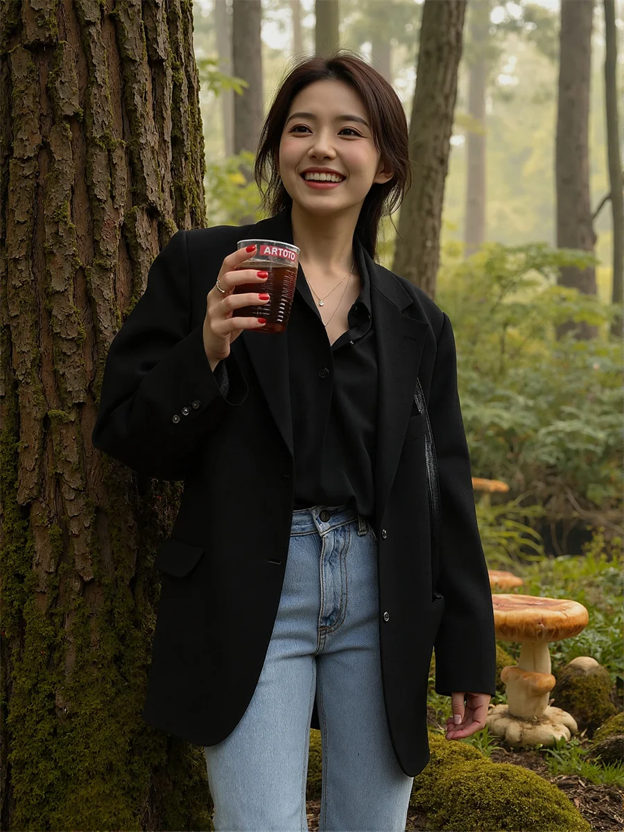 

Блейзер, женские пальто, черно-белые карманы, повседневные, высококачественные, солнцезащитные, с разрезом сзади, эстетические, дышащие, для творчества, с цветными блоками