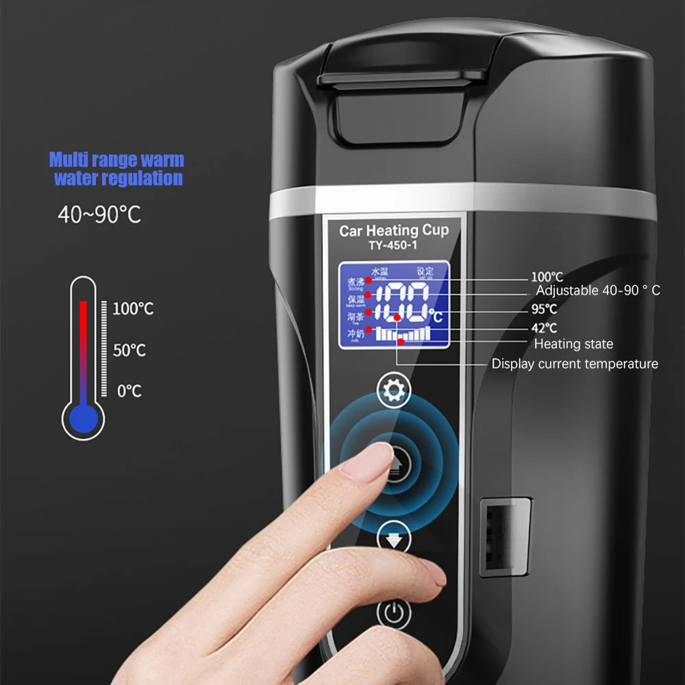 500ML12V 24V Portable Car Heating Cup Electric Kettle Stainless Steel Water Warmer Bottle Car Heating Cup Coffee Mug LCD Display