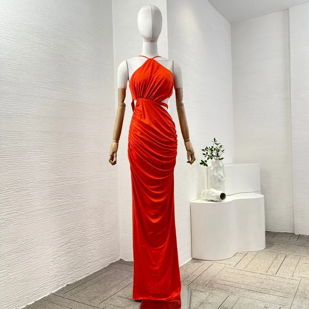 Women's High Quality Orange Diamonds Pressed Halter Cot Out Waist Ruched Maxi Dress for Party