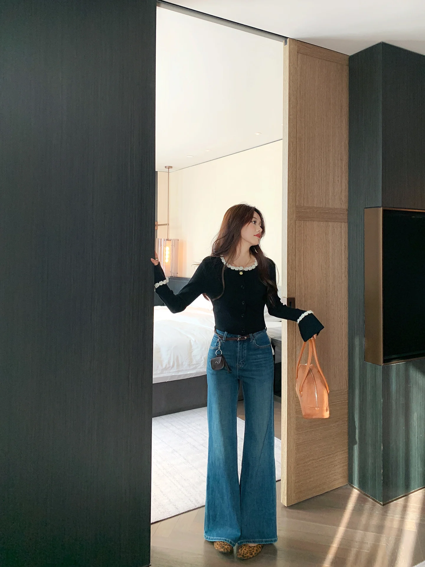 

Джинсы Bigyu с высокой талией, облегающие, расклешенные, синие, весна-осень, винтажные, удлиненные, повседневные, женские, джинсовые брюки