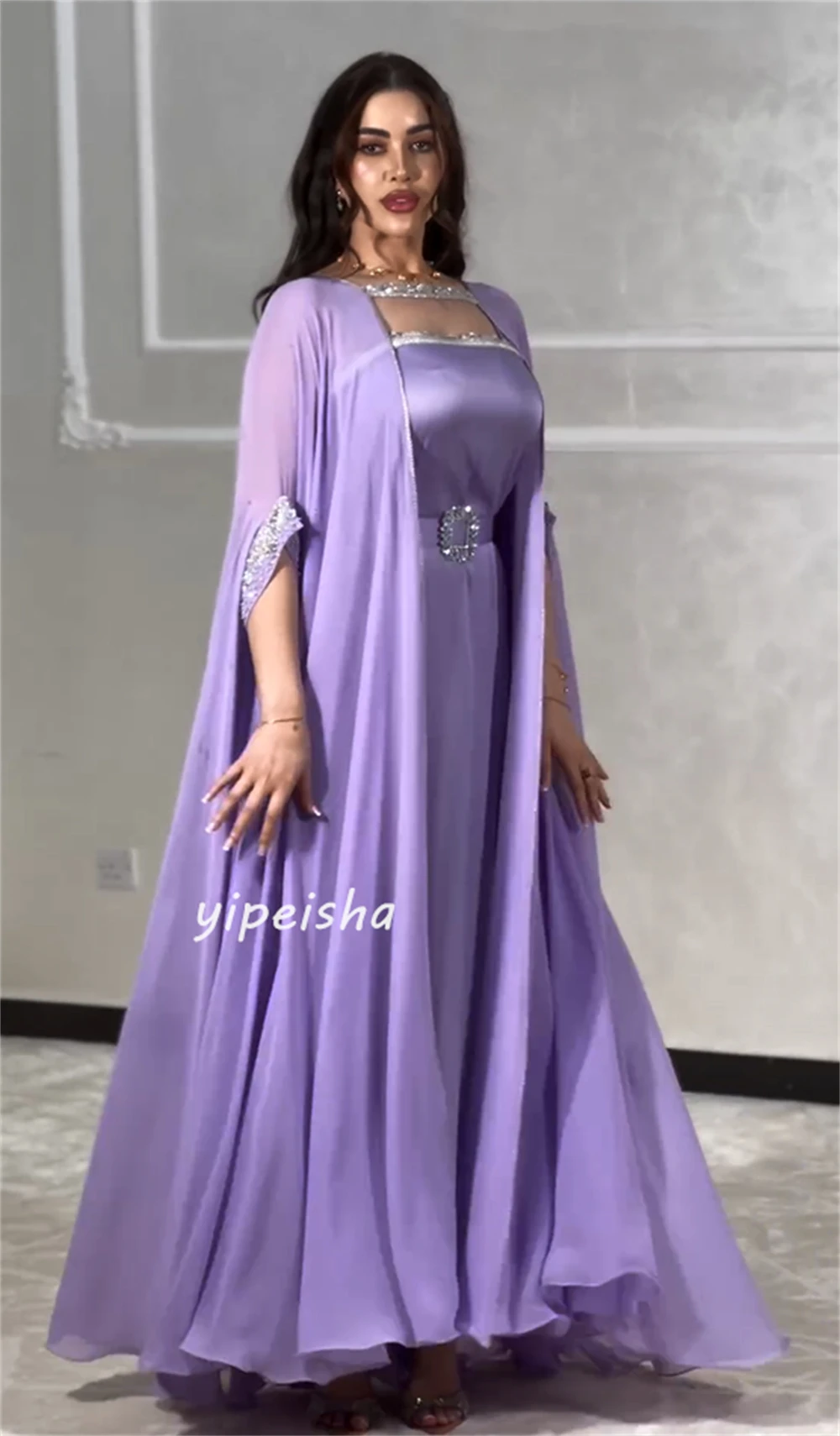 Gaya Cina elegan Jersey berlian imitasi selempang A-line persegi leher gaun Midi Quinceanera kualitas tinggi yang cocok Retro