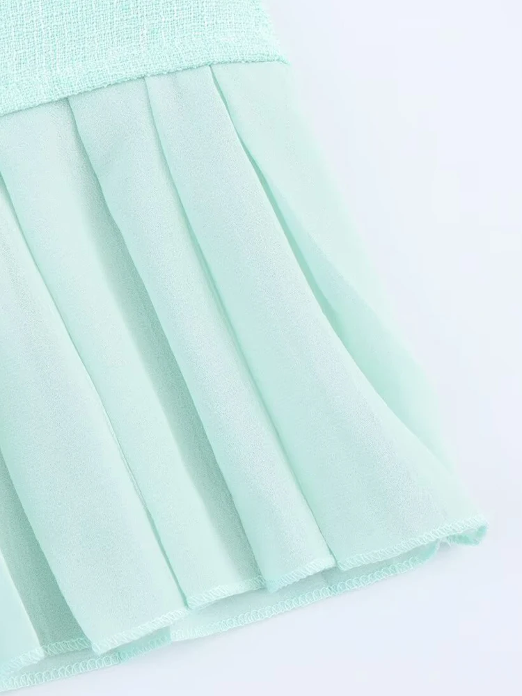 Neues Damen-Retro-Kleid mit Rundhalsausschnitt im europäischen und amerikanischen Stil, ärmellos, Temperament, schmale Passform, plissiertes Spleißen, grobes Spinnenkleid