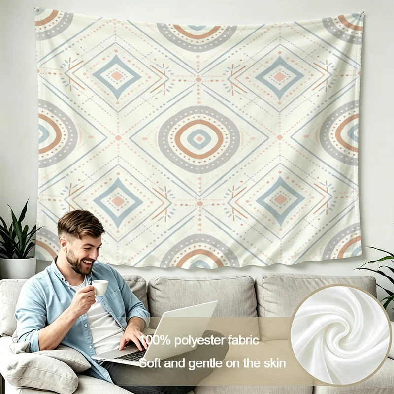 Microfiber Boho Wall Tapestry,Ultra-Soft,Skin-Friendly,Easy Hanging & Installation,Geometric Diamonds Concentric Circles Print