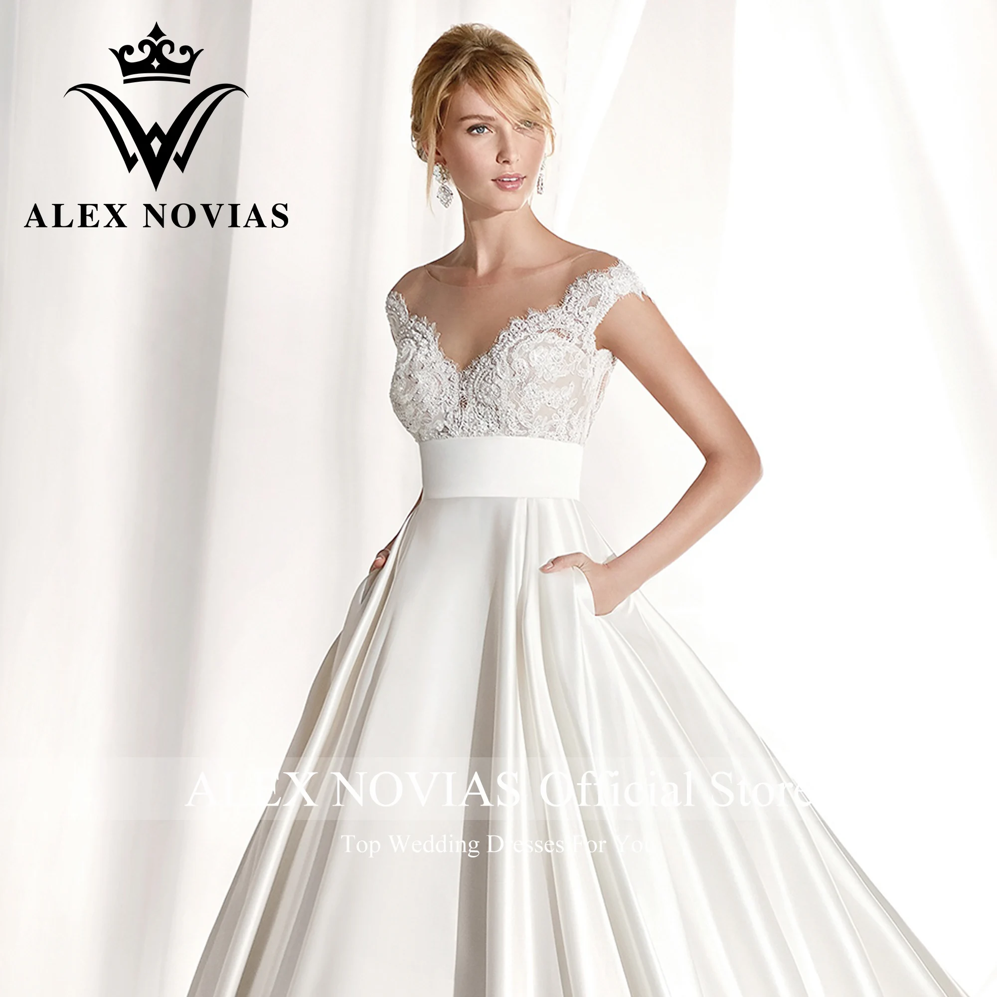 Robe De mariée en Satin avec poches, Illusion d'alex NOVIAS, manches courtes, col en v, 2023