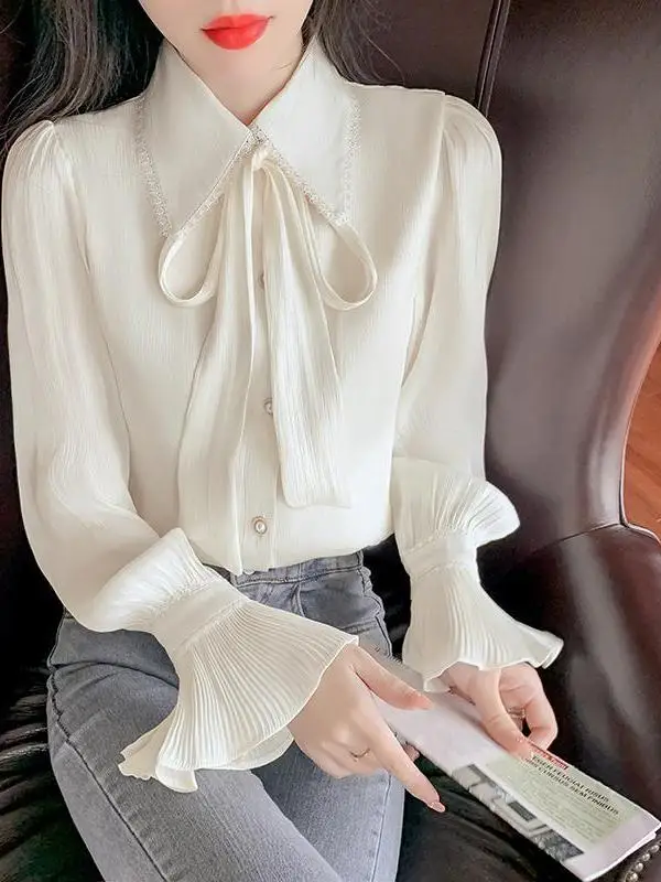 

Женский топ Sweet Ele Long Sve irt, весна-осень 2023, новинка Sle Faion, плиссированный шифоновый топ с узлом и цветочным принтом