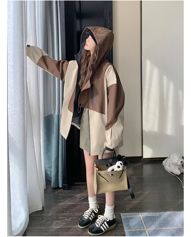 Color Blocking Patchwork Hooded Assault Jacket For Women Small Tall 2024 Autumn New Korean Version Loose And Versatile Jacket