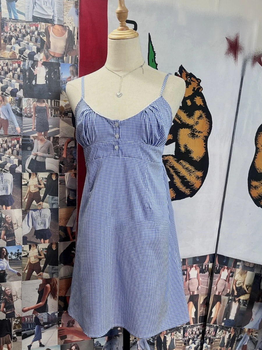 Blu Plaid Tre Bottoni Mini Camis Dress Donna Scollo a V Lace Trim Elastico in vita A-line Abiti corti Abiti estivi in cotone dolce