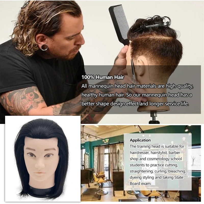 100% Human Hair Premium Mannequin Head and Free Fixture Bracket for Manikin Doll Head Styling Braiding Hairstylist Training