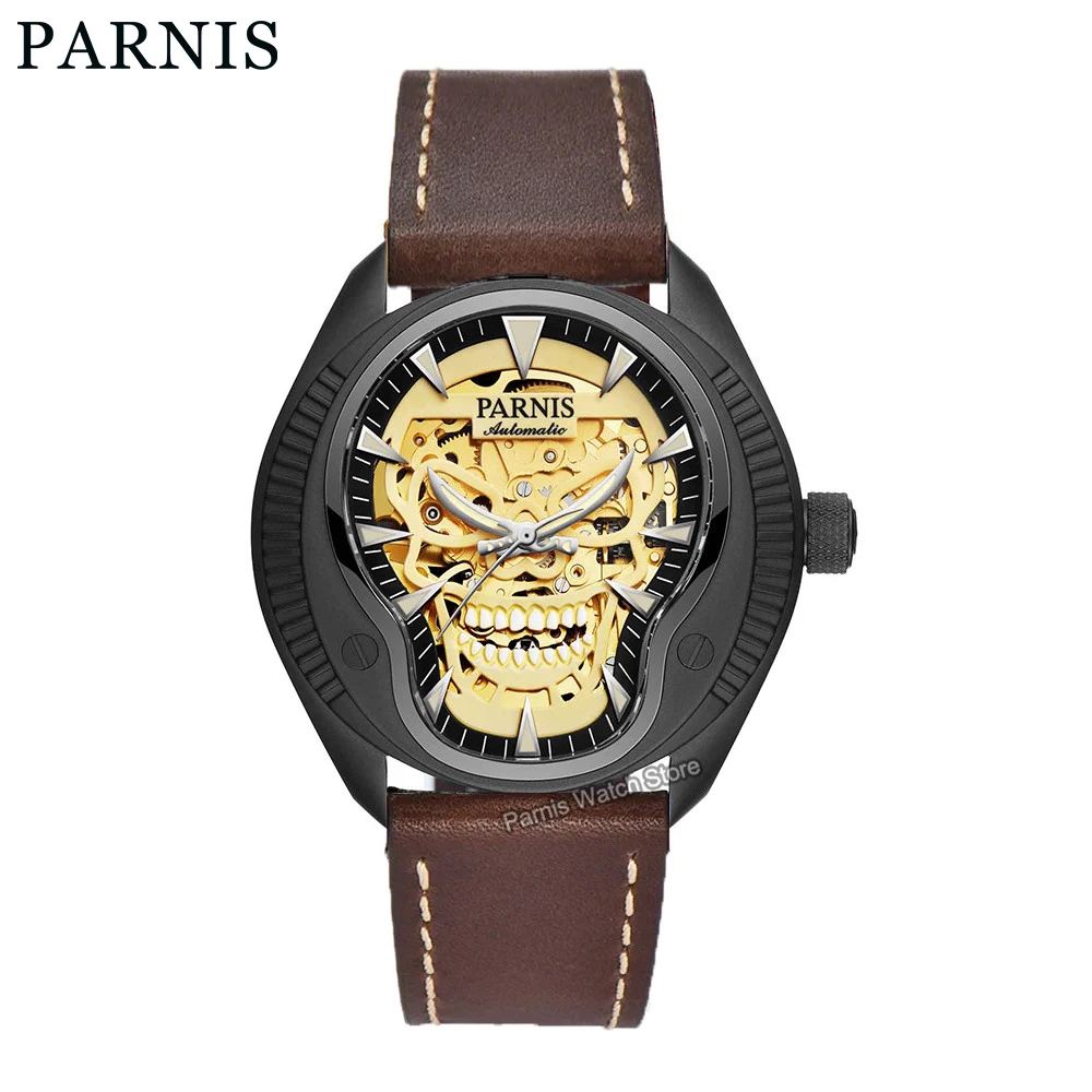 Parnis 43mm Sapphire Crystal Cool Skull Dial Miyota 8N24 Automatic Men Mechanical Watch