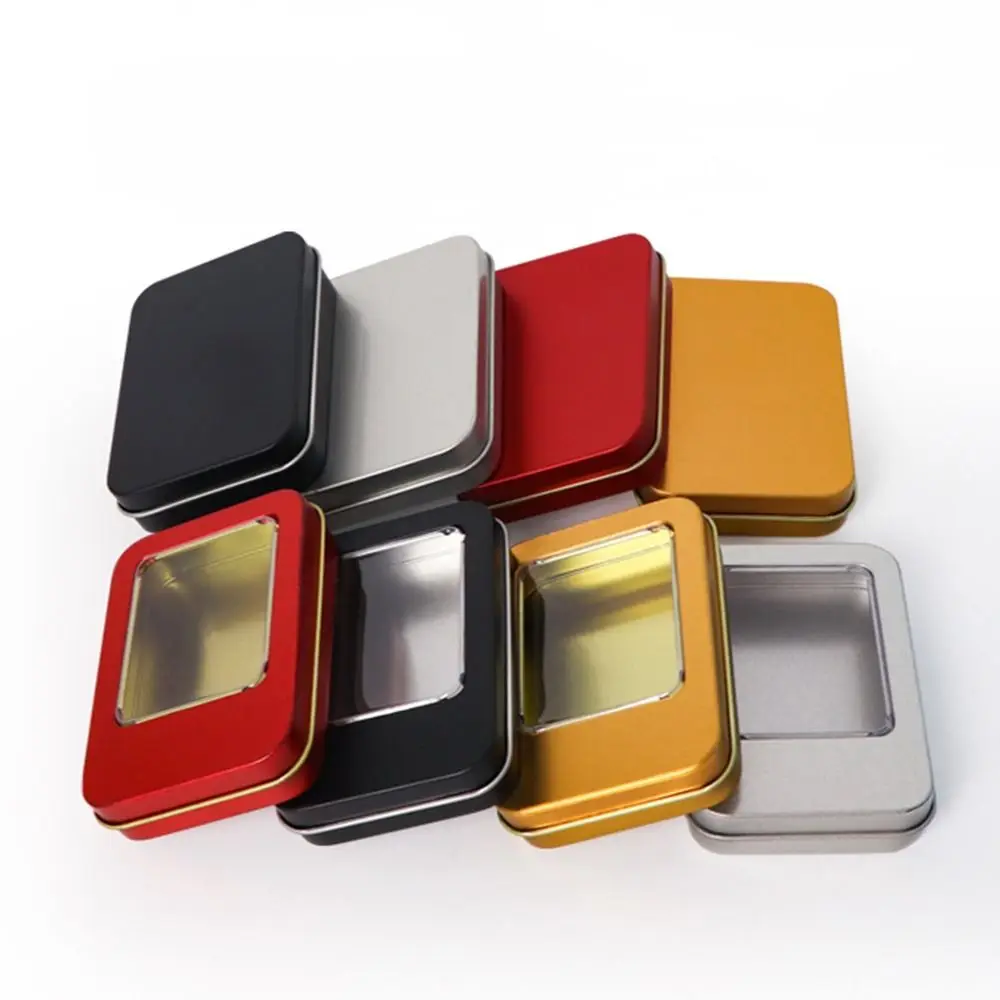 

Multicolor Tin Box with Clear Window Lid Rectangular Empty Nail Art Display Case Jewelry Box Candy Package Metal Box