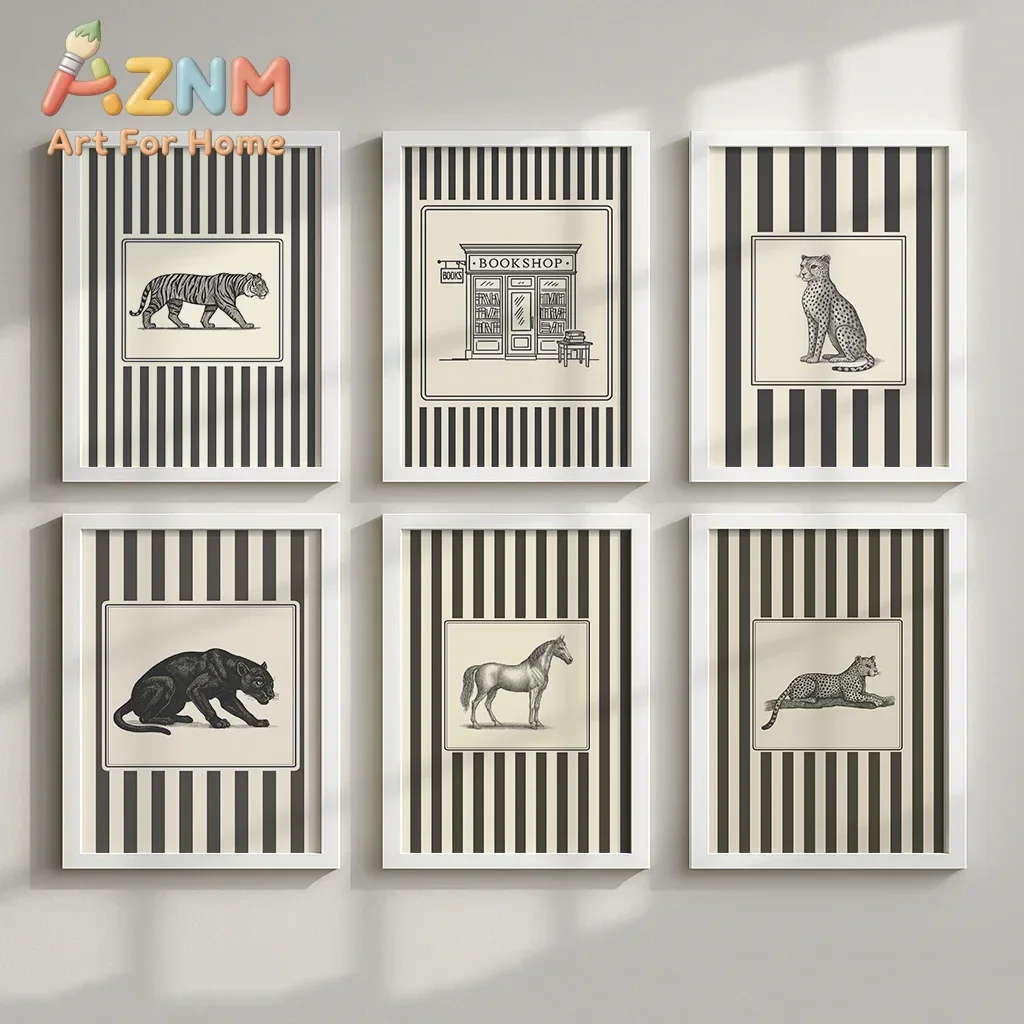 6pcs Vintage Animal Canvas Wall Art, Unframed Featuring Nordic Black and White Striped Posters for Living Room and Bedroom Decor