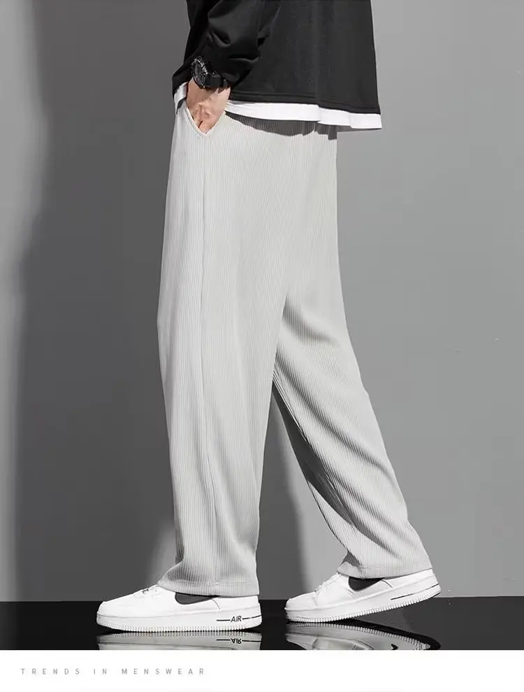 New Ice Silk Wide Leg Pants for Men, Loose and Comfortable, Student Casual Pants, Trendy Straight Leg Floor Pants