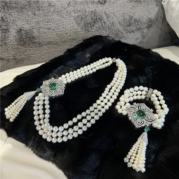 3 Strands Natural Cultured Freshwater Near Round Pearl Flower CZ Necklace Bracelet Sets