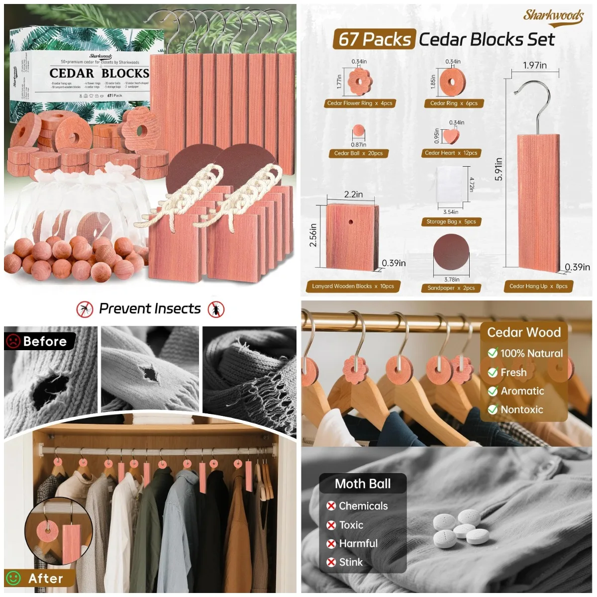 

Cedar Blocks for Clothes Storage, 67-Pack Natural Aromatic Cedar Chips, Balls & Rings – Freshener for Closets & Drawers