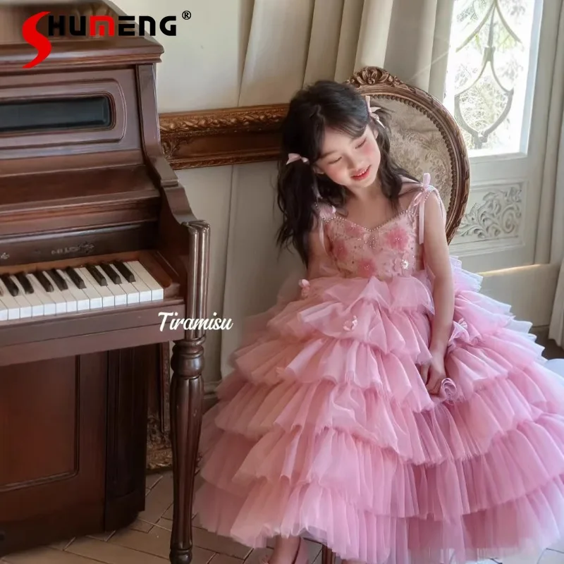 

Элегантное розовое платье-тюльпан на тонких бретельках для девочек, с цветочным узором, для свадьбы, нарядное, для вечеринки, многослойное, из фатина, для принцессы