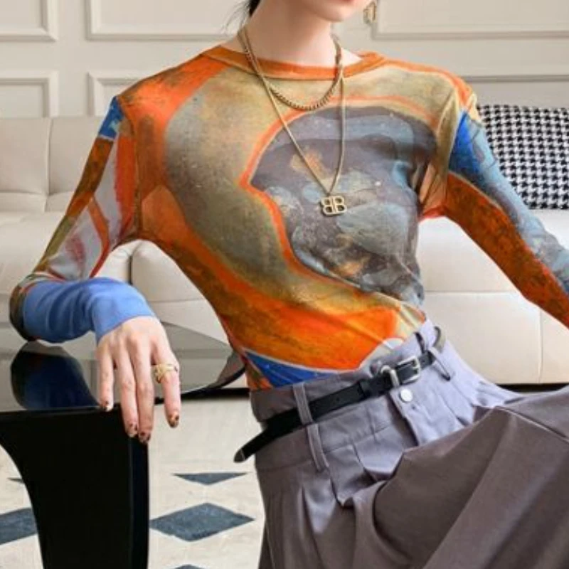 T-shirts Women Print Design Fashion Slim Simple All-match Sexy American Style Vintage Thin Summer Sun-proof Elegant Tender Daily