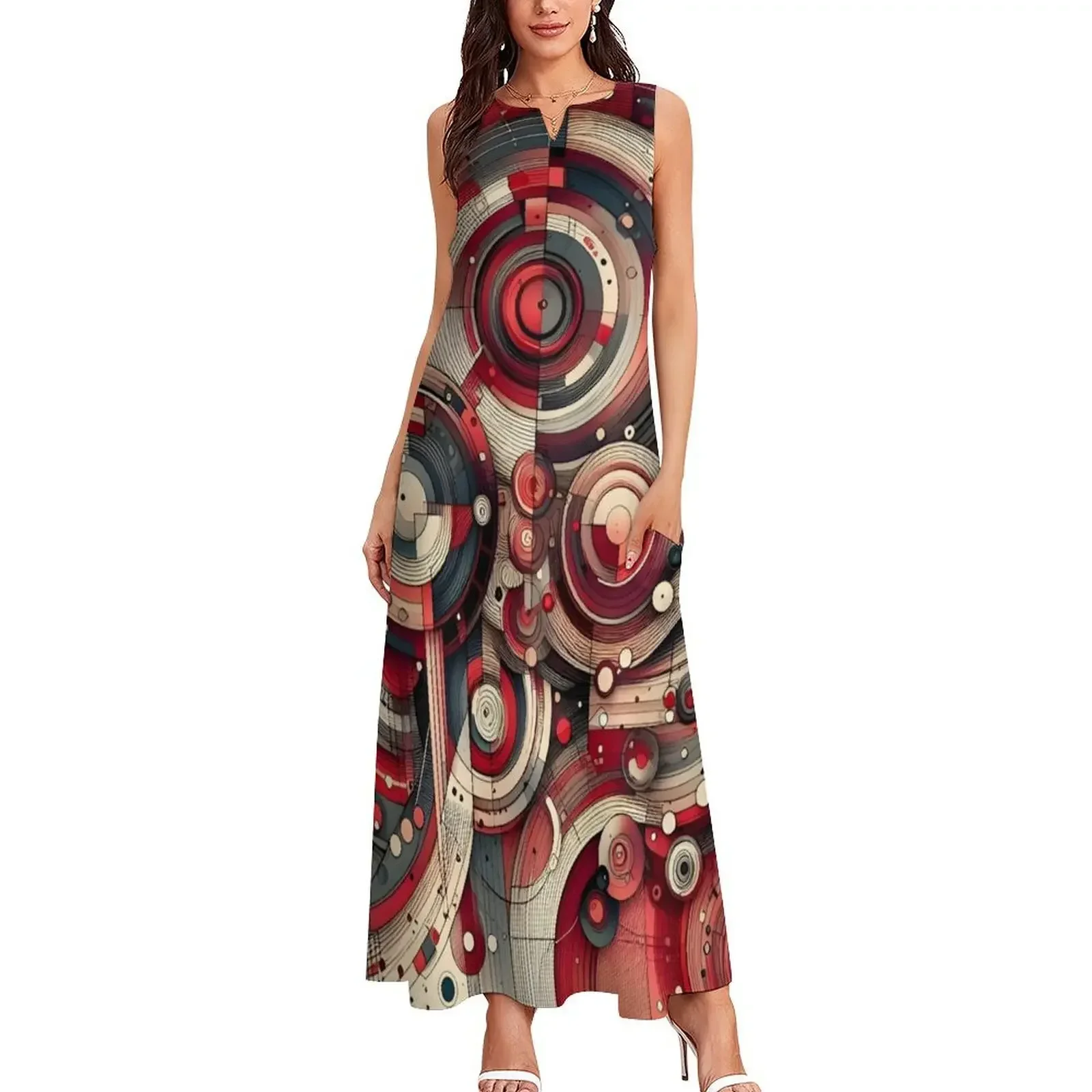 Vestido largo con diseño de círculos abstractos rojos, vestidos de verano para mujer 2025, vestido de fiesta, vestidos de noche de verano para mujer