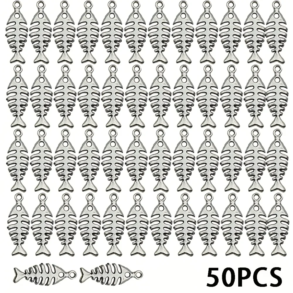 50 قطعة قلادة على شكل هيكل السمكة من سبائك الفضة العتيقة، مجوهرات عصرية مناسبة لصنع المجوهرات بنفسك، أقراط على شكل سوار وقلادة