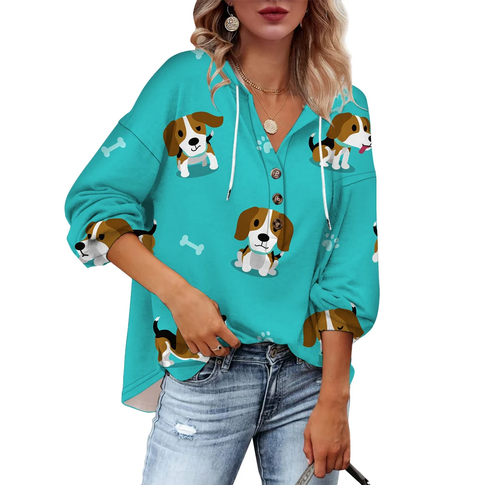 CLOOCL Women Hoodie Long Sleeve Pullover Cartoon Corgi Dog Pattern Printed Hoodies Ladies Drawstring Button Hoodies New