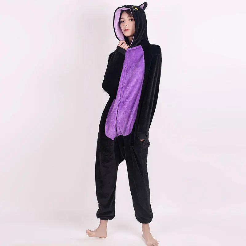 Pijama Onesie Animal Halloween para adultos, trajes Cosplay Gato Preto, mulheres e homens, Homewear, flanela, macacões Anime, 1 peça