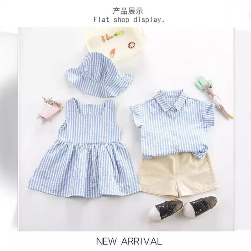 

Children's Plaid Siblings Costume Summer Baby Boys' Shirt Two-Piece Pants Baby Girls' Girl's Dress Free Hat Suit