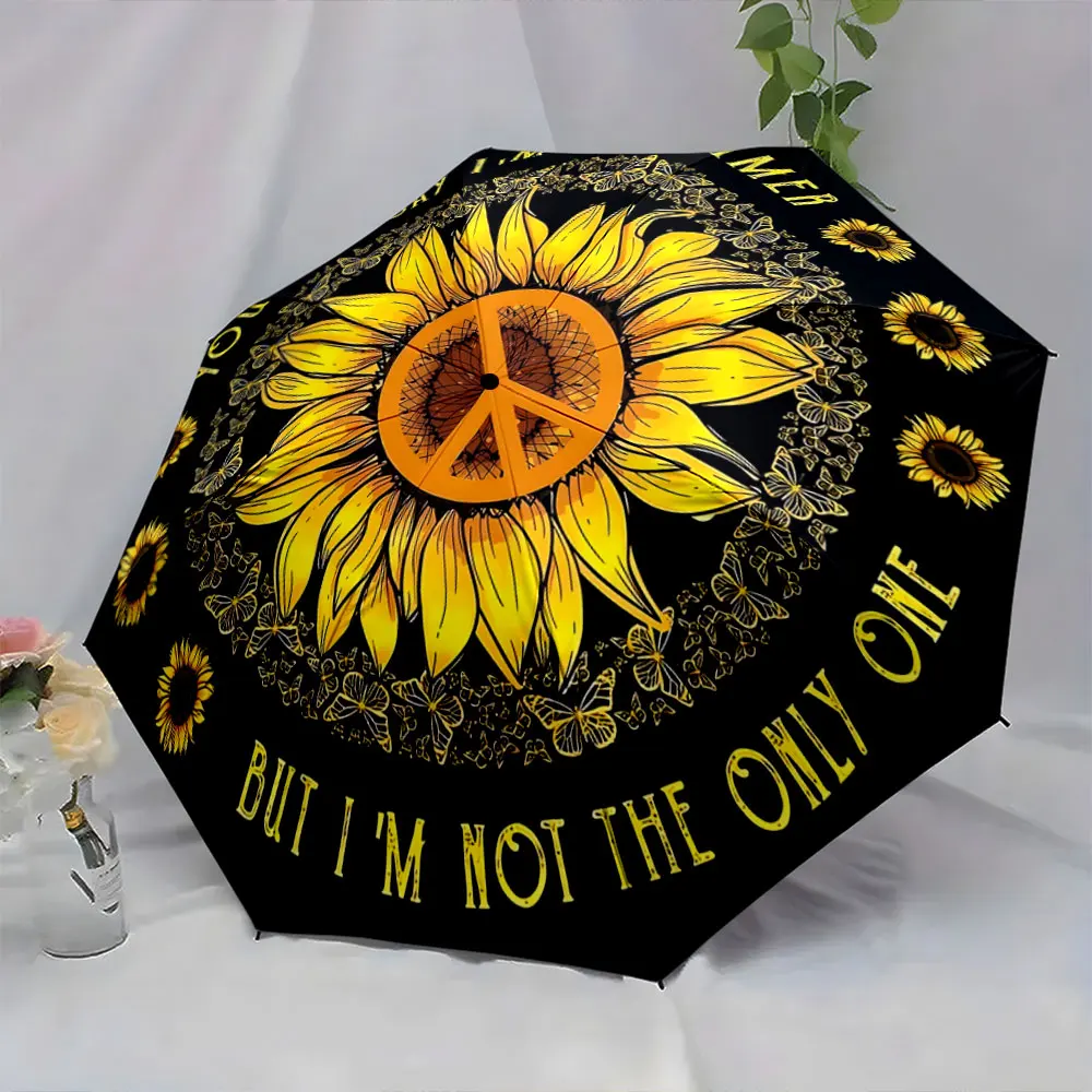 1PC Sunflower Pattern Umbrella with Peace Symbol Design Print 8 Iron Ribs Folding Umbrella Auto-Open Fashion Sunshade