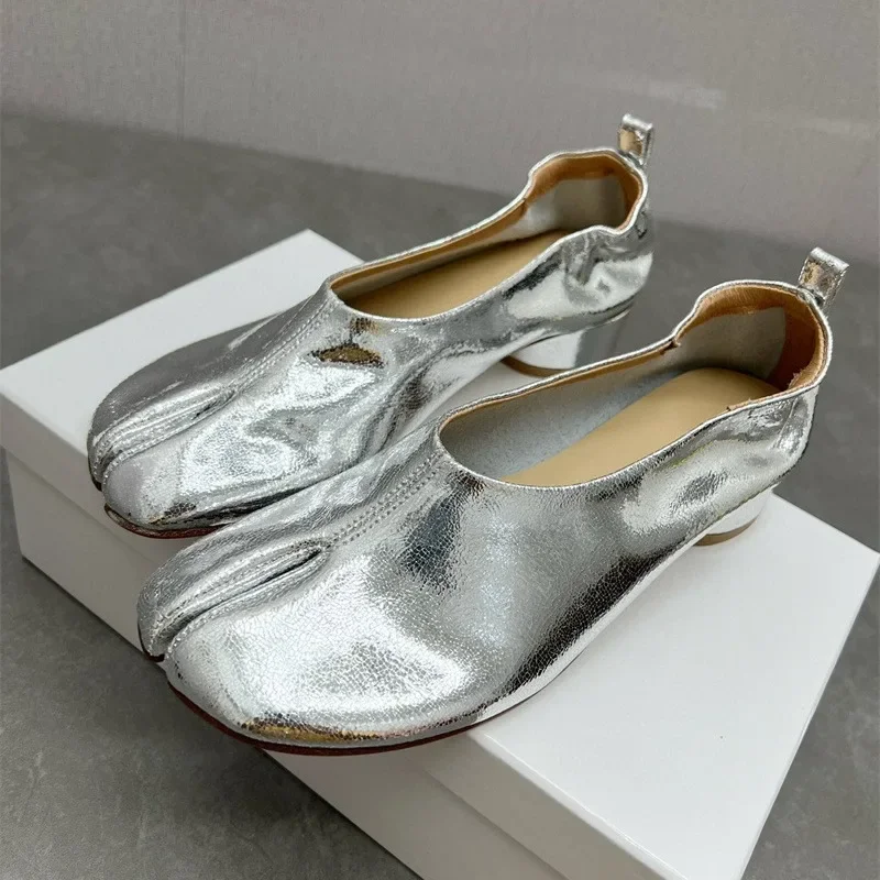 Silver Tabi Cover Toe Shoes Mid Heel Breathable Zapatos Comfortable Leather Sexy Elegant Shallow Sandalias De Mujer Design