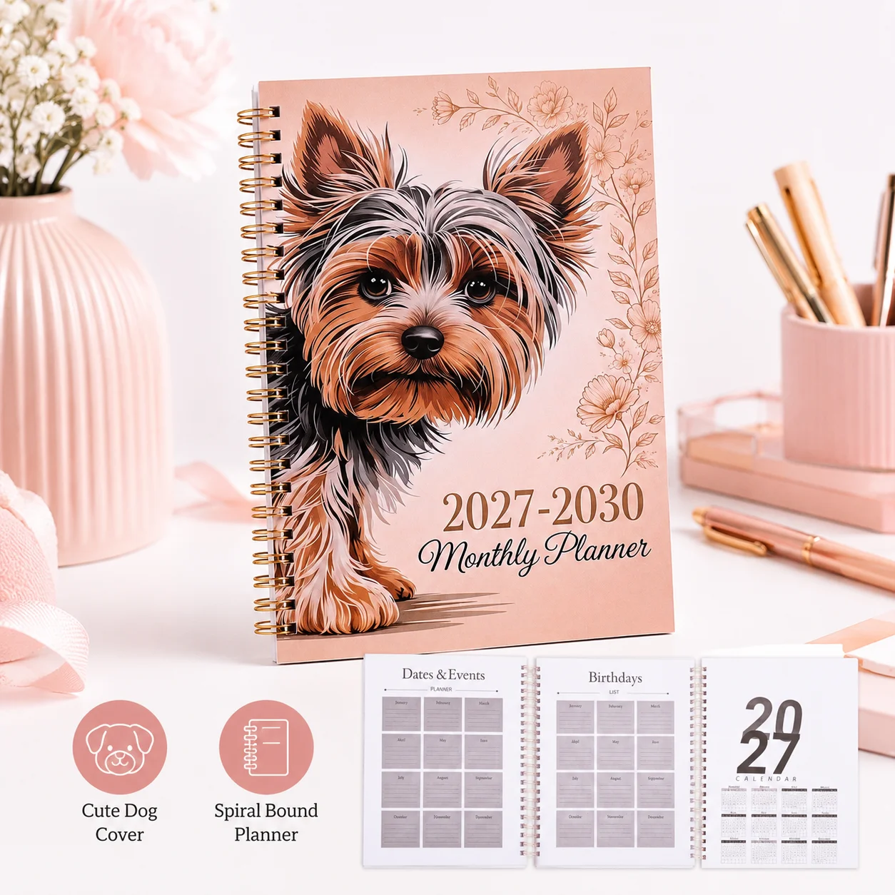 Agenda mensuel élégant à motif floral Yorkie, avec reliure robuste en fil doré, carnet de planification sur quatre ans, suivi clair des anniversaires, mise en page intérieure