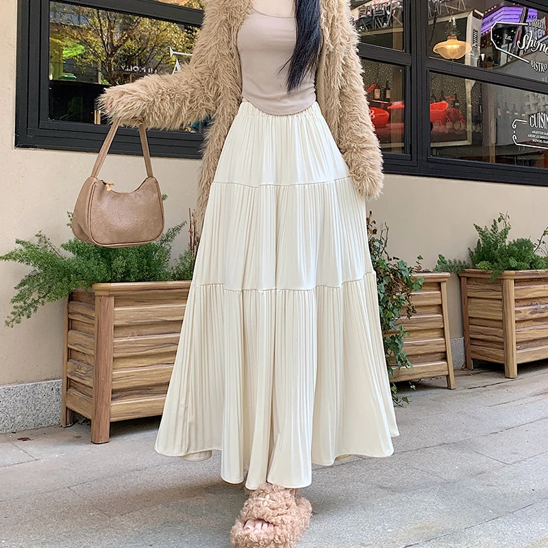 

Womens High Waisted Pleated Skirt Autumn Winter New Cake Layers Long Skirt High Quality Draping Coverage Slimming