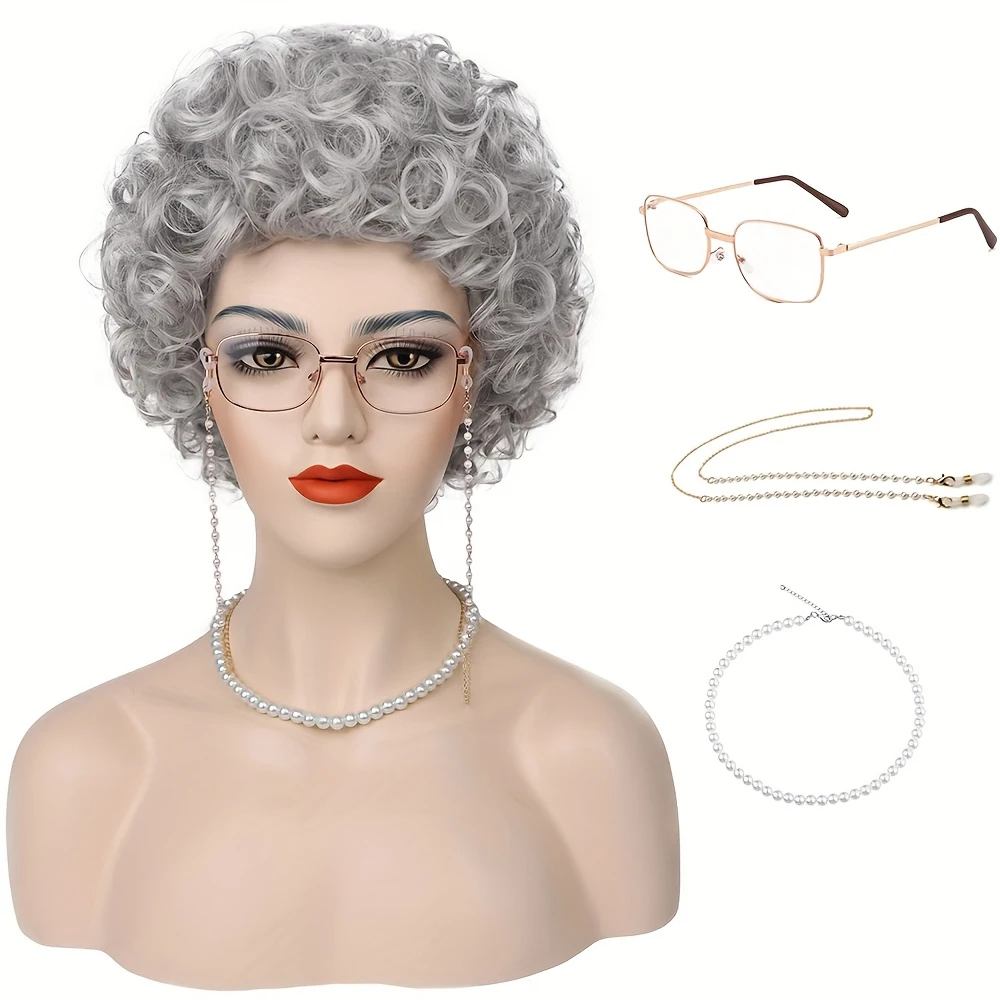 

Old Lady Costume Wig and Accessories for 100 Days of School Short Grey Curly Grandma synthetic Wig Sliver Granny for Women