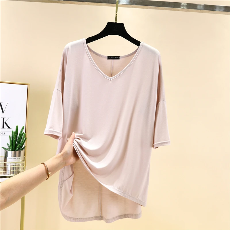 Summer Solid V-neck T-shirt Women Half-Sleeve Female Casual Loose Cotton Modal Tops Casual Base T-Shirts Homewear