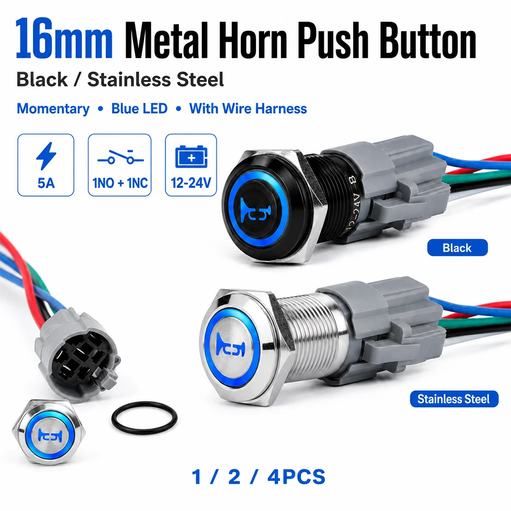12V-24V lth5A IP65 Horn Switch Horn Button Switch 16MM Momentary Push Button Switch Speaker Horn Switch for Car Boat Motorcycle