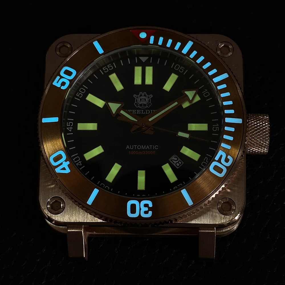 STEELDIVE 남성 다이버 시계 45mm 청동 사각 자동 기계식 손목시계 100Bar 방수 발광 사파이어 미러 NH35