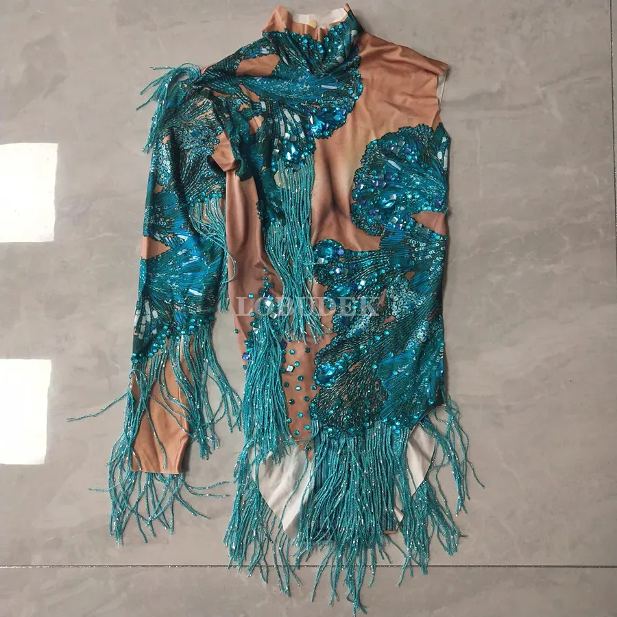 Sparkly Tassel Leotard Singer Dancer Show Stage Wear Blue Rhinestones Fringe Single Sleeve Bodysuit Women Sexy Dance Costume