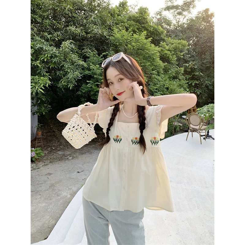 Women Summer Sweet Fashion Embroidered Square Collar Short Sleeve Shirts Women Clothes Casual All-match Appear Thin Trend Tops