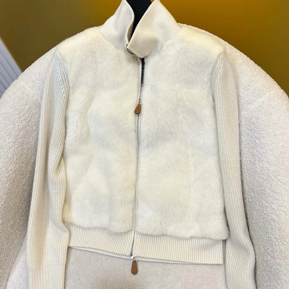 Cappotti in vera pelliccia di visone da donna, cardigan lavorato a maglia a collo alto e sciolto per l'inverno