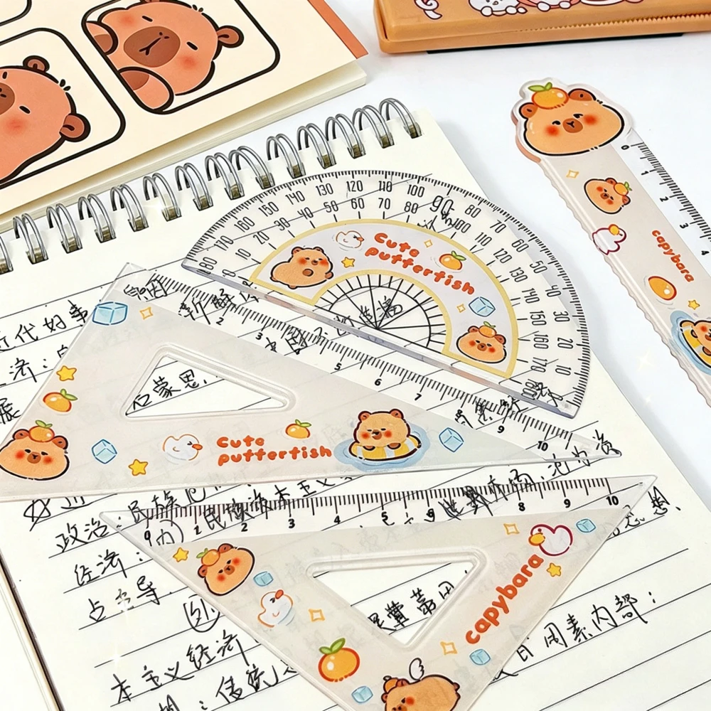 4Pcs Kawaii Capybara Ruler Set Clear Plastic Math Rulers Protractor Triangle Ruler Student Drawing Tools School Office Supplies
