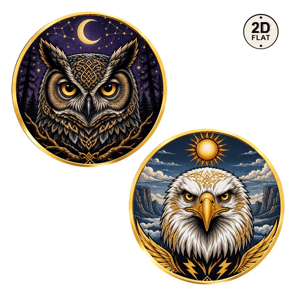 1pc Vintage Wildlife Metal Coin Celestial Owl & Majestic Eagle Forest Mountain Scene Souvenir Coin Present Collectible Decor