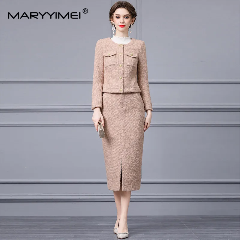 Maryimei moda autunno vestito di Tweed da donna a maniche lunghe cappotto monopetto giacca + pacchetto gonna divisa all'anca Set di due pezzi