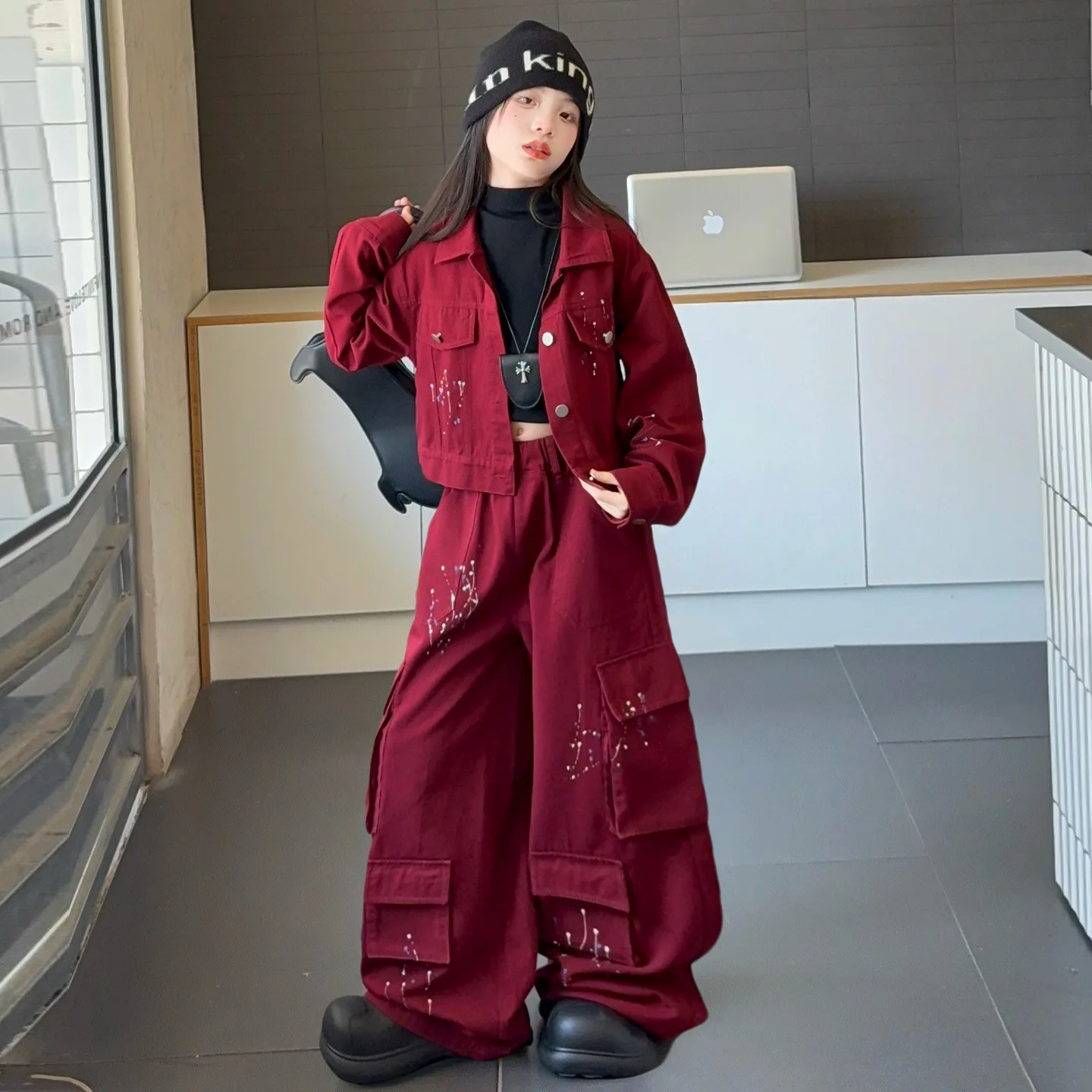 

Autumn Junior Girls Two-piece Set Kids Girl Long Sleeve Coat Children Girl Loose Cargo Pant Teenager Girls Drawing Denim Outfit