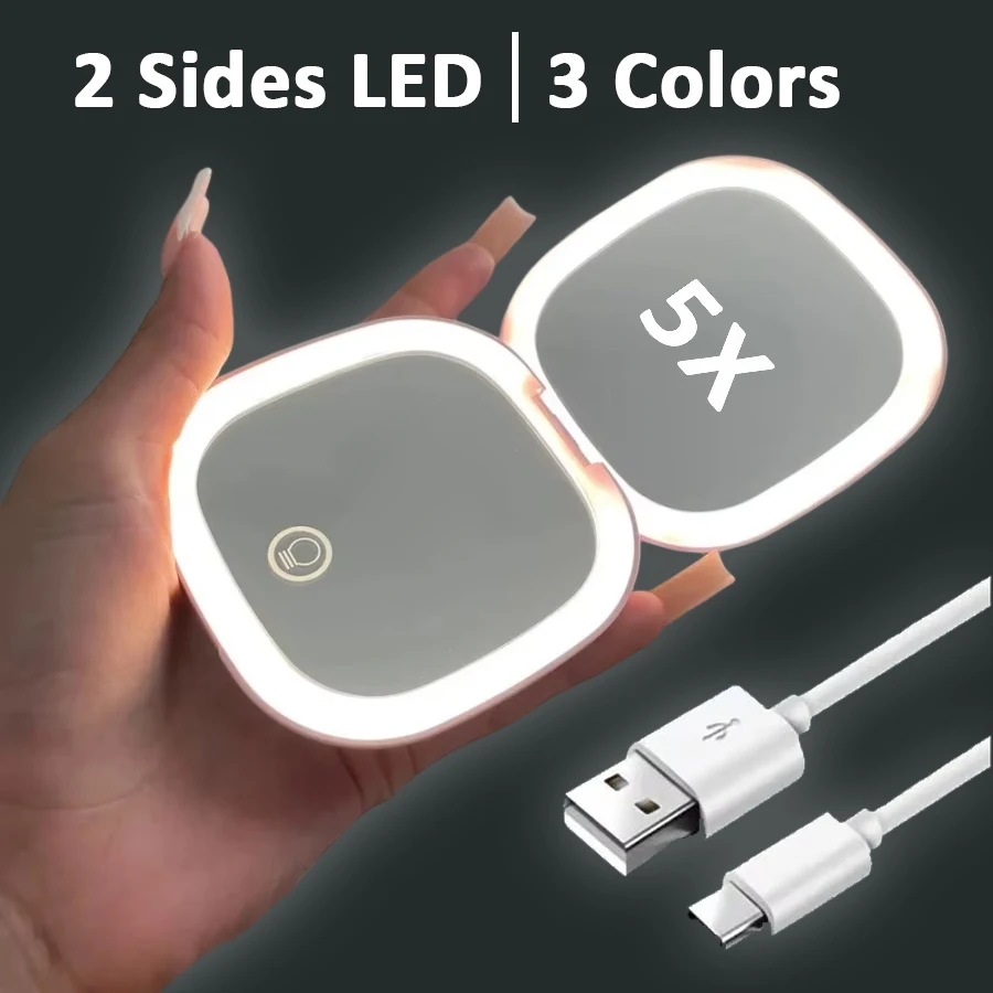 2 Face Sides Led 3 Colors Touch Compact Mini Foldable Cosmetic Charge Makeup Mirror With Light 5X Magnifying Small Pocket Travel