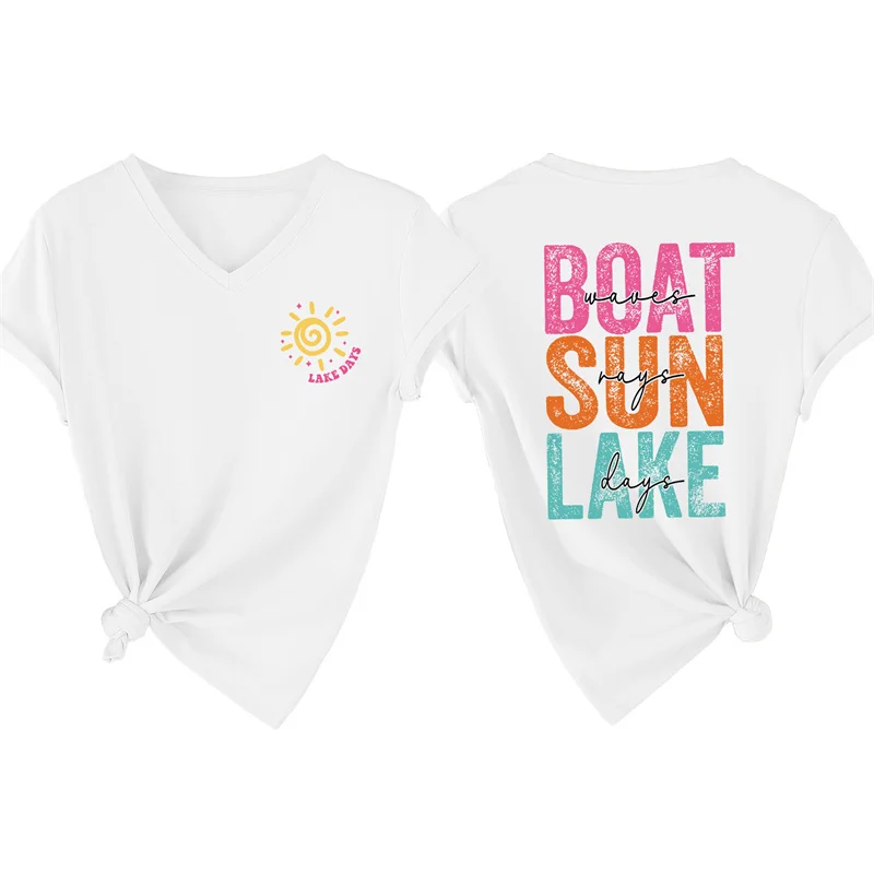 New summer cotton personalized V-neck short sleeve boat waves sun rays lake days lake double-sided printed T-shirt top