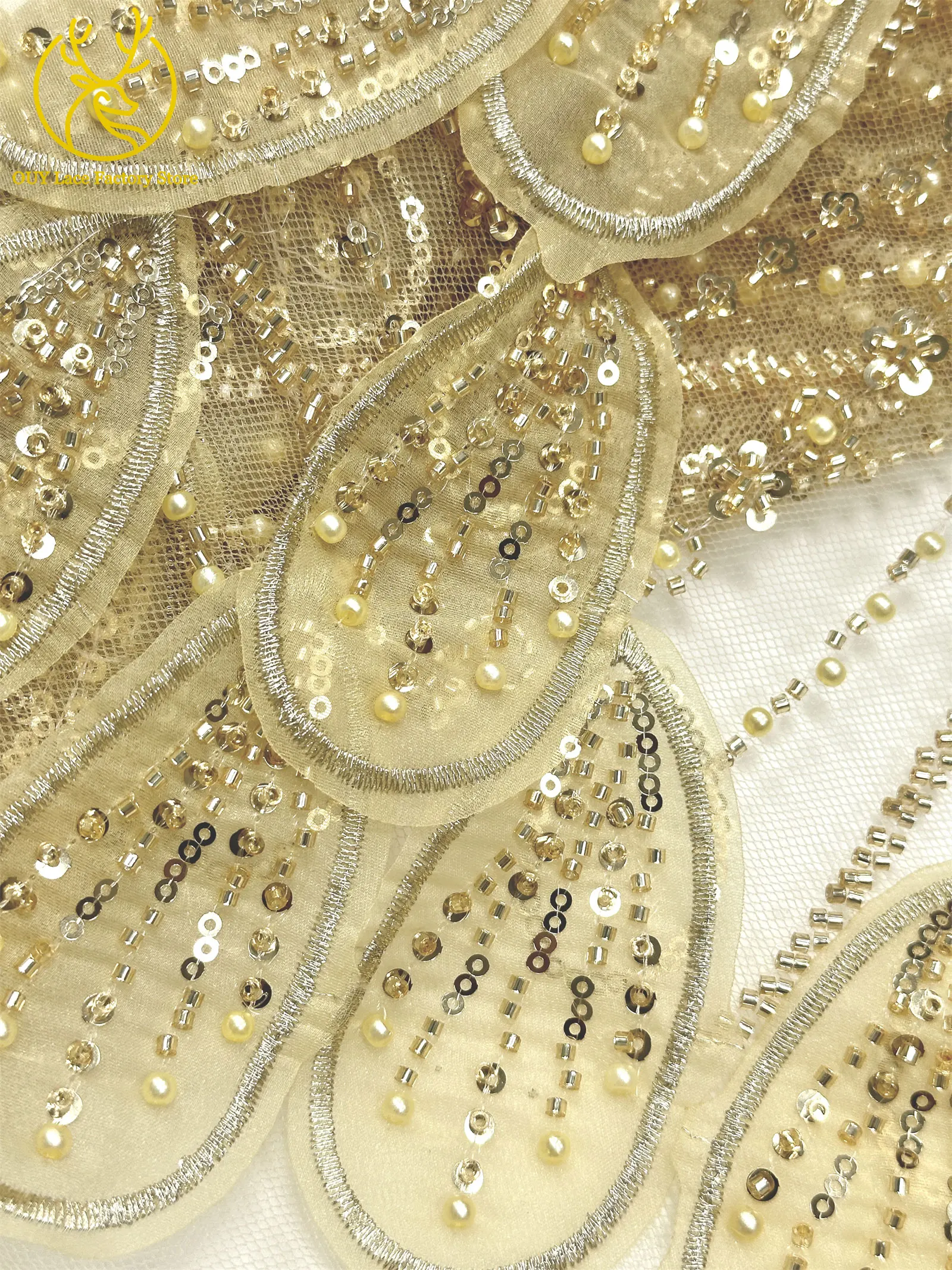 Luxuriöser afrikanischer Perlen-Pailletten-Spitzenstoff 2026 Hochwertige französische 3D-Stickerei Tüllspitze für nigerianische Hochzeitskleider zum Nähen 5Y – Detail 17