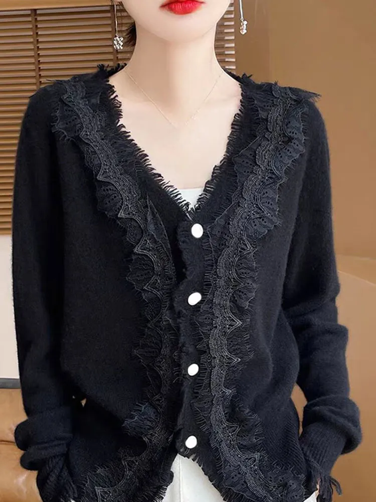 V-Ne Lace Splicing Design Maglione lavorato a maglia Lungo Sve Cardigan di lana Autunno Capispalla versatile Faion Sle da donna