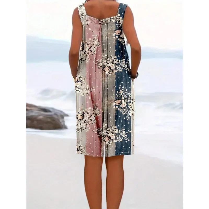 จั๊มพ์สูทไซส์ใหญ่สำหรับผู้หญิง ลายพิมพ์ชายหาด สไตล์หลวมๆ มีกระเป๋า สายเดี่ยว จั๊มพ์สูทขาสั้นลายพิมพ์สไตล์เรโทร