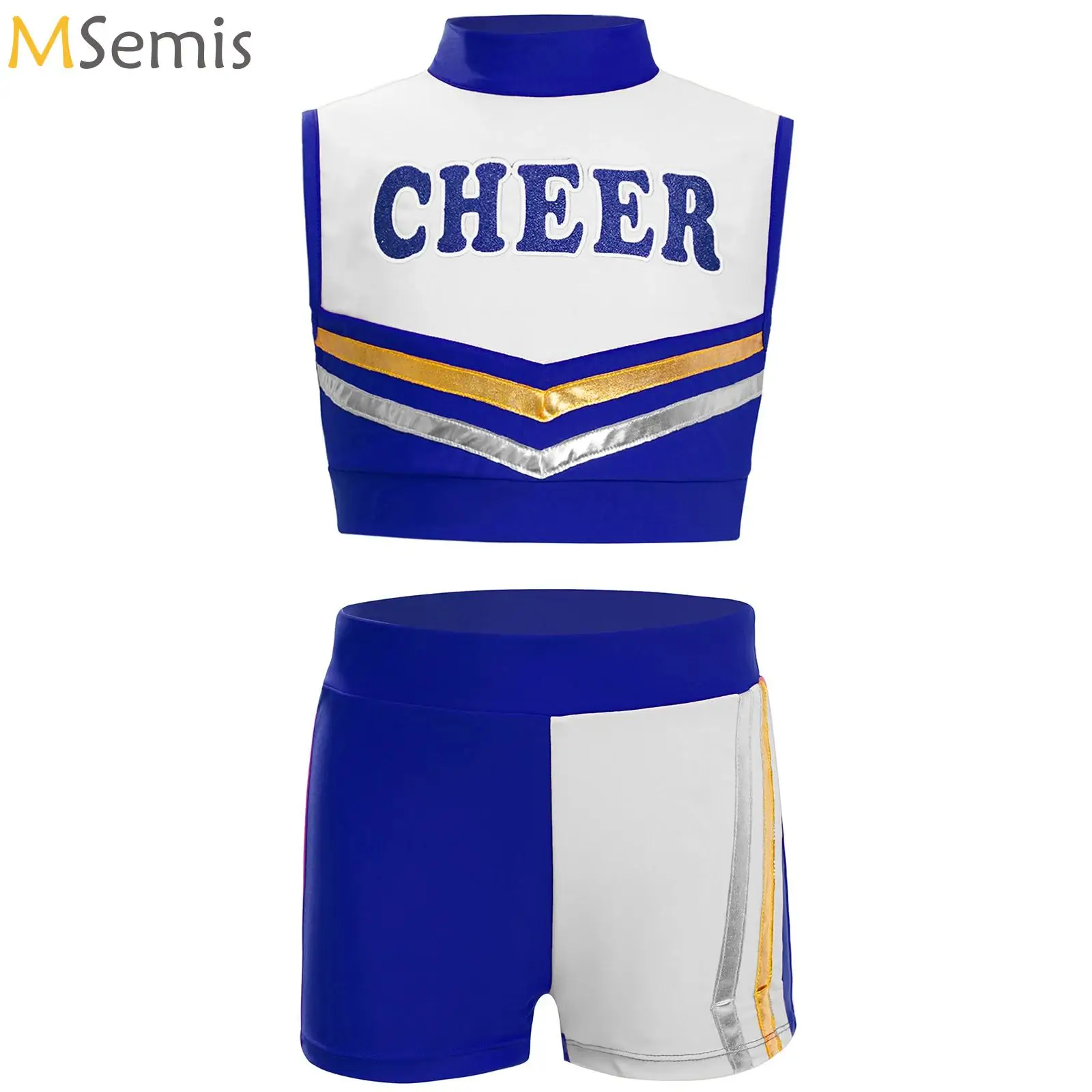 

Kids Girls Cheerleader Competition Costume Musical Cheerleading Uniform School Girls Cheer Crop Vest with Shorts Sportswear Suit