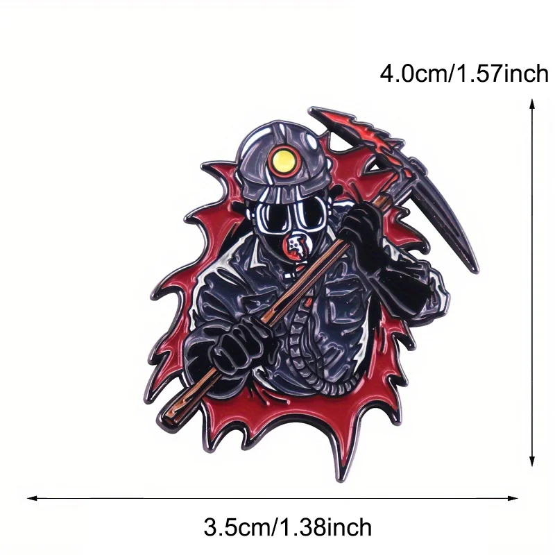 Horror Death Scythe Brooch Killer Miner Enamel Pin Badge Creepy Spooky Collector Gift